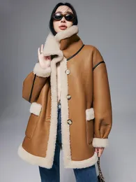 Frauen Pelz Faux OFTBUY Leder Doppelseitige Tragen 100% Wolle Weben Inhalt Jacke Frauen Herbst Winter Echt Mantel Lose Warm 231129