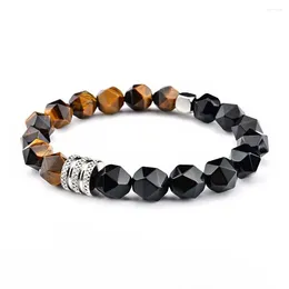 Link Bracelets Tiger's Eye Agate 10mm Faceted Stone Bracelet Stainless Steel Lucky Men Abrasion Resistant Elastic Cord Beaded Jewelry