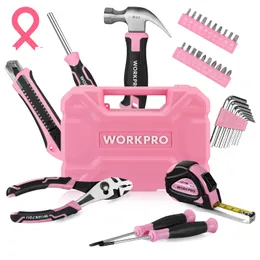 Conjunto de ferramentas rosa de 35 peças, kit de ferramentas domésticas com caixa de ferramentas de armazenamento, conjunto de ferramentas básicas para casa, garagem, apartamento, dormitório, casa nova