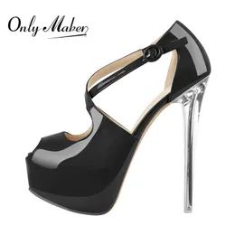 Abendschuhe Onlymaker Damen Peep Toe Pumps Plattform Dünne High Heel Sandaletten Lackleder Schnalle Kreuzband