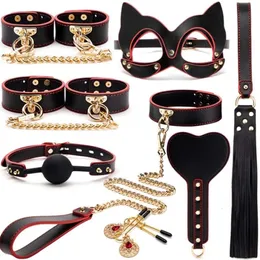 Sex Toy Massager High Quality Bdsm Genuine Leather Bondage Set Handcuffs Collar Gag Whip Toys for Women Couples Adult Games