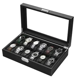 Watch Boxes Cases Watch Box 12/10/6 Slot Watch Box Organizer for Men Watch Display Case with Glass Topped for Gift Business Carbon Fiber Leather 231128