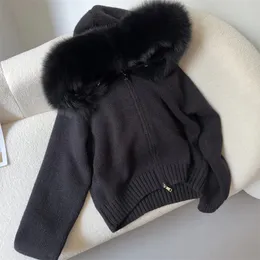 نساء S Fur Faux Oftbuy 2023 Fashion Autumn Winter مقنعين ذي طوق حقيقي على سترة محبكة قصيرة مع معطف طبيعي للنساء 231129