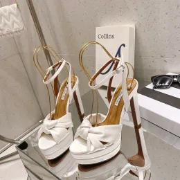 Aquazzura Cupid geknotete Satin-Plateau-Sandalen, Knöchelriemen, Block-High-Heels, Damen-Designer-Ledersandalen, Pumps, Abendparty, Hochzeit, Schuhfabrik, Schuhgröße 34–42