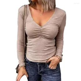 T-shirt da donna Vintage Solid Women Shirt 2023 Spring Fashion Casual a maniche lunghe con scollo a V sexy Pullover Ladies Office Tee Elegant Tops