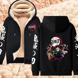 Herrtröjor tröjor anime demon slayer tryckjackor förtjockar harajuku zip up hoodies vinter lambwool varma tröjor män streetwear rockar y2k toppar 231128