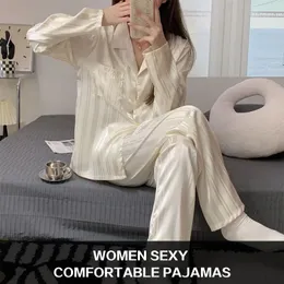 Kvinnors sömnkläder pyjamas randig pyjama sätter silk satin kvinnors hemkläder långärmade skjortor 231129