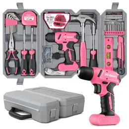 58pc Pink 8V USB Electric Drill Driver & Household Tool Kit Set With Variable Speed DIY Cordless Power Screwdriver