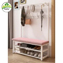 Organization Entrance Coat Hanger Wrought Iron Floor Coat Rack With Shoe Stool Hanging Hat Clothes Rack Living Room Stand Shelf Porch Home