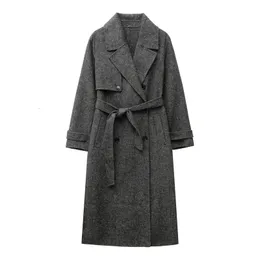 Herr ullblandningar ZVRI 2023 Kvinnors midlängd med Belt Wool Blend Herringbone Twill Coat Trench Y231128