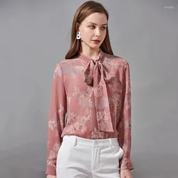 Blusas femininas elegante camisa de seda real ol mulheres topos flores primavera verão arco blusa senhora de mangas compridas floral impresso