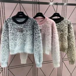 Ny design Kvinnors brev strass logotyp gradient färg mode mohair ull stickad tjock tröja jumpers sml