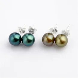 Simple Studs Earring 925 Round Freshwater Peacock Green 7-8mm Pearls Sterling Silver Women Jewelry 10 Pairs242k