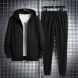 Mens Tracksuits Autumnwinter Cardigan Hooded Sports Set Solid Color Jacket Coat Casual Leggings 2PK 231129