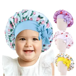 Kid Satin Bonnet Sleep Hat Seiden-Duschhaube für Kinderhaar-Mütze bei Nacht Junge Mädchen Blumen bedruckte Seiden-Schlafmütze mit Schleife