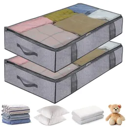Bolsas de cama Organizador de ropa de 2 paquetes Cubierta transparente Plegable con manijas de transporte transpirables debajo de los contenedores de la cama para ropa de cama Beddi