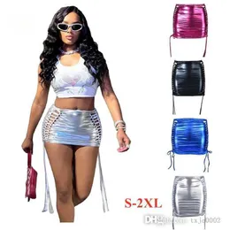 2023 Summer Shiny Pu Leather Mini Skirt Solid Color Hollow Out Tassel Lace-Up Stretchy Sexy Skirts For Women