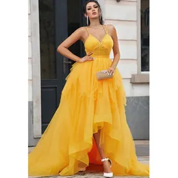 Yellow V Neck Gowns Sleeveless Tulle Gowns Prom Dress A-Line Women Formal Dress Beach Evening Dresses Plus Size Reception Dress