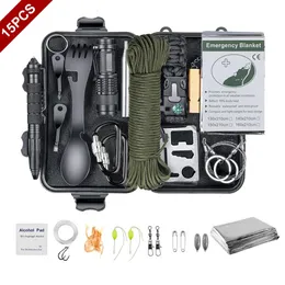 Gadget da esterno 15 IN 1 Kit di sopravvivenza Set Camping Viaggio Multifunzione Attrezzatura di difesa tattica Primo soccorso SOS Wilderness Adventure 231128