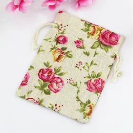 Bolsa de presente de joias de linho com flor rosa, 9x12cm, 10x15cm, 13x17cm, pacote com 50 bolsas para festa de aniversário, casamento, cordão, sack239r300h