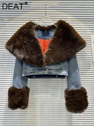 Jaquetas femininas deat itens de moda retalhos pele turn down colarinho casaco jeans 2023 inverno manga longa botão jaqueta feminina 11xx6741 231129
