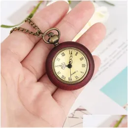 Pocket Watches Roman Numerals Mini Retro Necklace Clock Yellow Dial Red Wood Quartz Watch Fob Chain Pendant Uni Gifts Drop Delivery Dhhkk