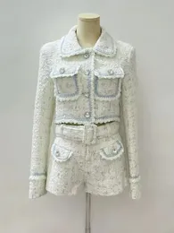 Женские брюки из двух частей 2023, осень-зима Y2K, твидовое короткое пальто на пуговицах в форме сердца, куртка с шортами с высокой талией, женские комплекты 231129
