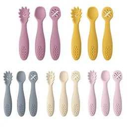 Cups Dishes Utensils 3pcs/set Baby Silicone Rice Spoon Fork Food Grade Baby Feeding Food Toddler Learn To Eat Training Cutlery Children's Tableware P230314