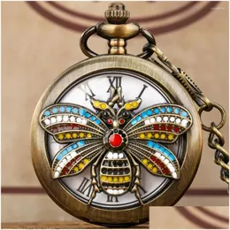 Pocket Watches Vintage Honey Bee Colorf Glue Drop Quartz Analog Watch Bronze Charm Pendant Necklace Roman Numeral Dial Delivery Dhw4I