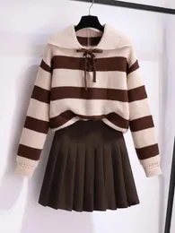 Work Dresses Fall Winter Two Piece Set Womens Outfit For Women Casual Elegant High Quality Striped Knitted Sweater Pleated Mini Skirts Sets