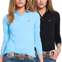 Polos feminino primavera novo fino ajuste casual lapela respirável camisa polo de manga comprida algodão polo femme tshirts