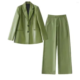 Women's Two Piece Pants Green Jackets Sets Notched Collar PU Leather Blazers Coat Straight Trousers Faux Jacket Suit Female Pantsuit