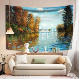 Tapestries Monet Impressionism Oil Painting Tapestry Water Lily Printed Room Decors Aesthetic Wall Hanging Living Room Background Cloth R231129