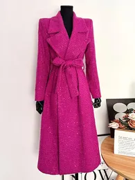 Ternos femininos blazers francês pequeno perfumado tweed blazer casaco para mulheres outono inverno coreano ol moda outerwear com um cinto longo 231129