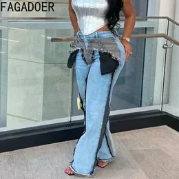 Jeans da donna FAGADOER Moda Patchwork Colore Streetwear Donna Pantaloni a vita alta con bottoni elastici in denim Pantaloni casual da donna dritti 231129