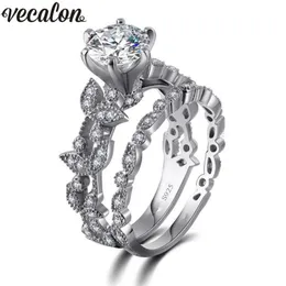 Vecalon fleur bijoux 925 bague en argent Sterling 5A Zircon Cz pierre fiançailles bagues de mariage ensemble pour les femmes Festival Gift2649