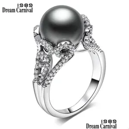 Rings Rings Rings Dreamcarnival1989 Brand Gray Big Synthetic Pearl with White Zirconia Flower Flower Bague Party for W DHA7W