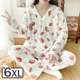 Damen-Nachtwäsche-Pyjama-Set, Winter, warm, Flanell, dick, langärmelig, Übergröße M5XL 231129