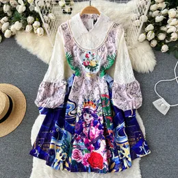 Casual Dresses 2023 Fashion Runway Women Lace Splicing Embroidery Mini Dresses Female Elegant Peter Pan Collar Lantern Sleeve A-Line Party Vestidos