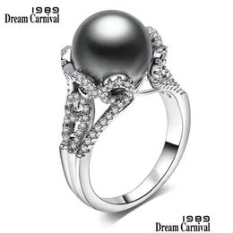 Cluster Rings Cluster Rings Dreamcarnival1989 Brand Grey Big Synthetic Pearl With White Cubic Zirconia Flower Bague Luxury Party For W Dhnob