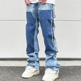 Jeans da uomo High Street Patchwork Jeans strappati neri Pantaloni da uomo Dritto Retro Casual Tasche con fusciacca Pantaloni in denim Jeans larghi oversize 231129