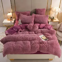 Bedding sets Winter mink plush four piece bed skirt set with thickened milk crystal velvet bed sheet long plush duvet cover princess style 231129