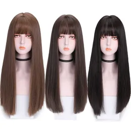 Synthetic Wigs Fashionable Women's Long Hair Head Cover Natural Black Daily Long Straight Hair Natural Air Bang Top Matte Silk Wig