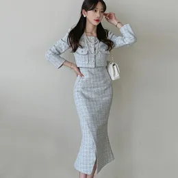 Zweiteiliges Kleid, koreanisches Herbst-Winter-Damen-2-teiliges Set, einreihige kurze Mäntel, Vintage-Midi-Bleistiftrock-Sets, Tweed, einfacher karierter Anzug 231129