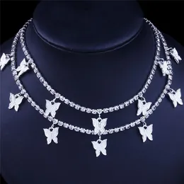 Papillon Colliers Ras Du Cou Or Argent 2 Couches Designer Animal Pendentif Glacé Chaîne De Mode Strass Hip Hop Bling Bijoux Wo2517