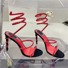 Sandálias de salto alto feminino sapatos tacos tornozelo embrulhado alto casamento de cristal incrustado de luxo moda de luxo 9,5cm rc cleo rene caavilla com caixa #01