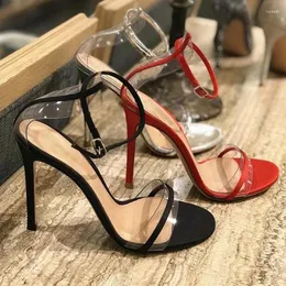 Sandaler rensar PVC transparent rem hög klack 10 cm stilett klackar ankel sommarfest sko rött svart läder lapptäcke