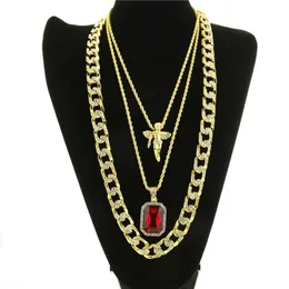 Collar de Hip Hop para hombre, collares con colgante de rubí, cadena de eslabones cubanos de moda, joyería 3 uds Set252h