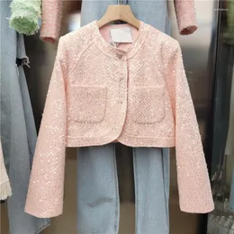 Kvinnors jackor 2023 Korean temperament mode kvinnokläder söta flickor paljett crewneck rosa jacka korta jurken kvinna rockar