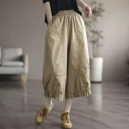 Capris 2022 Summer New Arts Style Women Women Elastic Waist Calflength Sliose Pants allmated Casual Solid Cotton Wide Leg Pants C232 C232